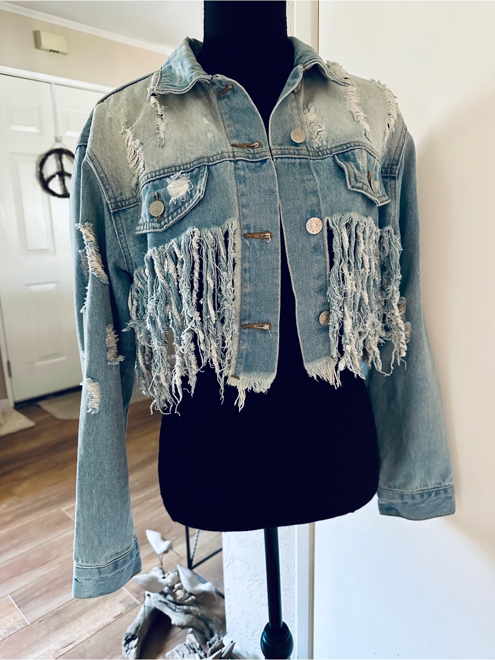 AKIRA Light Blue Cropped Fringe Denim Jacket Size Medium Distressed NWOT